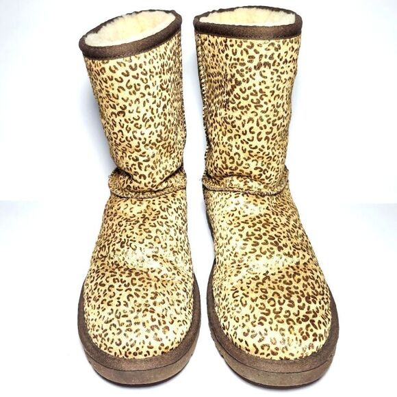 UGG classic gold metallic shimmer leopard brown winter fur boots Size 9 - Picture 1 of 7